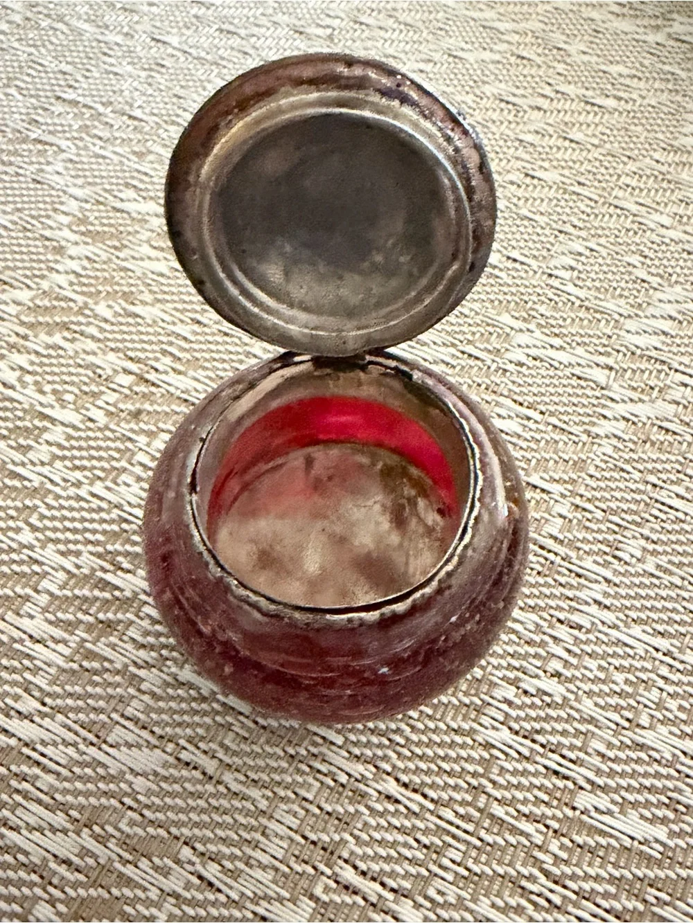 Antique  snuff or pill box snuff jar Red glass silver ornate metal